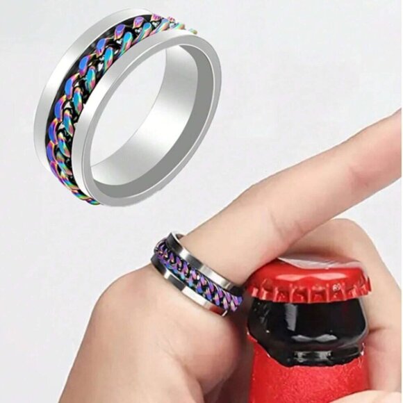 Fidget Ring with Iridescent Chain Inset Silver Stainless - Steel Spinner Ring - Picture 2 of 4